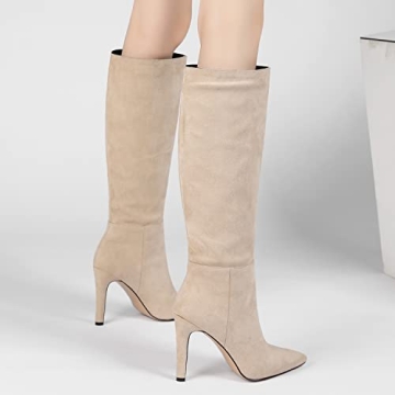 LEHOOR Women Beige Suede Stiletto Knee high Boots Wide Calf Pull On Pointed Toe Slouch long boots Comfort High Heel Long Boots Office Daily Casual Dress Boots Winter Warm Nude Size 7.5 M US