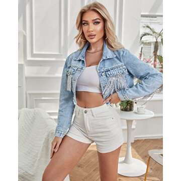 YILANUOYI Women’s Crop Denim Jacket Tassel Casual Jean Coat With Fringe (XS, S107Blue)