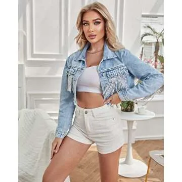 YILANUOYI Women’s Crop Denim Jacket Tassel Casual Jean Coat With Fringe (XS, S107Blue)