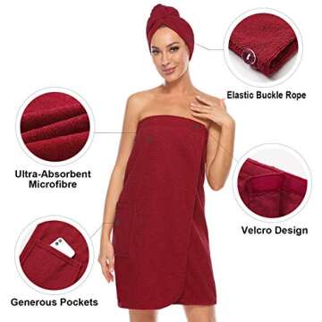Orrpally Women Shower Wrap Robe Bath Wrap Towel Spa Body Wrap Adjustable Closure Bathrobe Wine Red L