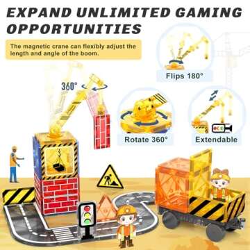 Kids Games Magnetic Tiles Road Set with Extendable Magnetic Crane, City Construction Building Toys f...