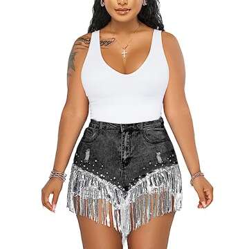 CYLADY Women's Denim Shorts Tassel Fringe Hem High Waisted Ripped Distressed Jean Shorts, X-Large, Black Stonewash