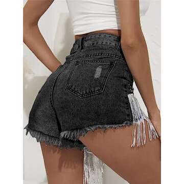 CYLADY Women's Denim Shorts Tassel Fringe Hem High Waisted Ripped Distressed Jean Shorts, X-Large, Black Stonewash