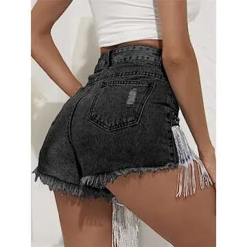 CYLADY Women's Denim Shorts Tassel Fringe Hem High Waisted Ripped Distressed Jean Shorts, X-Large, Black Stonewash