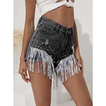 CYLADY Women's Denim Shorts Tassel Fringe Hem High Waisted Ripped Distressed Jean Shorts, X-Large, Black Stonewash