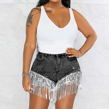 CYLADY Women's Denim Shorts Tassel Fringe Hem High Waisted Ripped Distressed Jean Shorts, X-Large, Black Stonewash