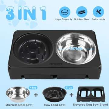 URPOWER Raised Slow Feeder Dog Bowls 4 Height Adjustable Elevated Dog Bowls with Stainless Steel Dog Water Bowl and Dog Slow Feeder Non-Slip Dog Food Bowls Stand for Small Medium Large Dogs and Pets