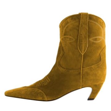 FSJ Women Square Toe Comfort Kitten Low Heel Ankle Boot Pull On Bootie Winter Cowgirl Cowboy Dress S...