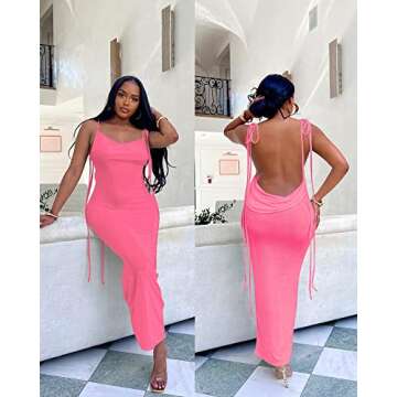 Doweha Women Backless Bodycon Sexy Cocktail Dress Summer 2025 Halter Long Semi Formal Party Wedding Guest Spring Cowl Neck Maxi Dress Hot Pink S