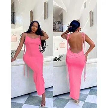 Doweha Women Backless Bodycon Sexy Cocktail Dress Summer 2025 Halter Long Semi Formal Party Wedding Guest Spring Cowl Neck Maxi Dress Hot Pink S