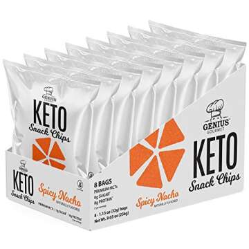 Genius Gourmet Protein Keto Chips, Low Carb, Premium MCTs, Gluten Free, Keto Snack, Pack of 8, 1.13 oz. (32 g) Each (Spicy Nacho, 1.13 oz (Pack of 8))