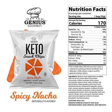 Genius Gourmet Protein Keto Chips, Low Carb, Premium MCTs, Gluten Free, Keto Snack, Pack of 8, 1.13 oz. (32 g) Each (Spicy Nacho, 1.13 oz (Pack of 8))