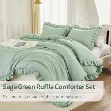 Andency Sage Green Comforter Set King, 3 Pieces Vintage Farmhouse Shabby Chic Ruffle Comforter, Ligh...