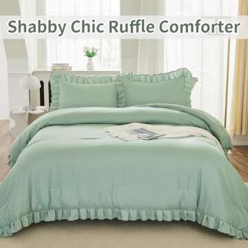 Andency Sage Green Comforter Set King, 3 Pieces Vintage Farmhouse Shabby Chic Ruffle Comforter, Lightweight Soft All Season Microfiber Down Alternative Bedding Comforter Set (104x90Inch, Green)