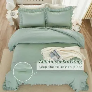 Andency Sage Green Comforter Set King, 3 Pieces Vintage Farmhouse Shabby Chic Ruffle Comforter, Lightweight Soft All Season Microfiber Down Alternative Bedding Comforter Set (104x90Inch, Green)