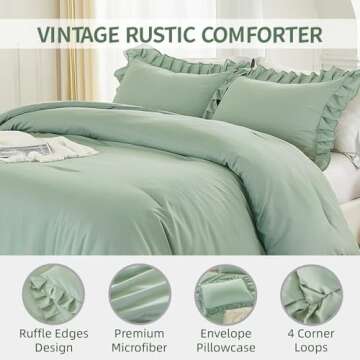 Andency Sage Green Comforter Set King, 3 Pieces Vintage Farmhouse Shabby Chic Ruffle Comforter, Lightweight Soft All Season Microfiber Down Alternative Bedding Comforter Set (104x90Inch, Green)