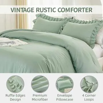 Andency Sage Green Comforter Set King, 3 Pieces Vintage Farmhouse Shabby Chic Ruffle Comforter, Lightweight Soft All Season Microfiber Down Alternative Bedding Comforter Set (104x90Inch, Green)