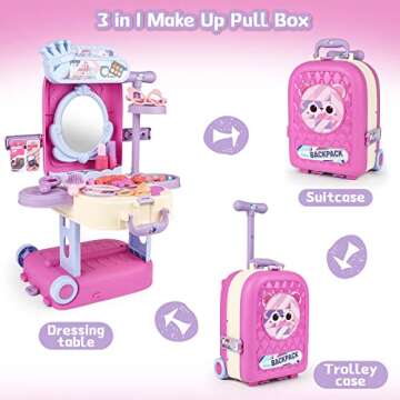 deAO 2 in 1 Makeup Table for Toddler Girls Vanity & Suitcase Set with Fashion Accessories Pretend Pl...