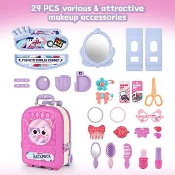 deAO 2 in 1 Makeup Table for Toddler Girls Vanity & Suitcase Set with Fashion Accessories Pretend Play Travel Suitcase Fashion Beauty Set for Girls