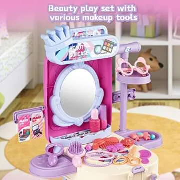 deAO 2 in 1 Makeup Table for Toddler Girls Vanity & Suitcase Set with Fashion Accessories Pretend Play Travel Suitcase Fashion Beauty Set for Girls