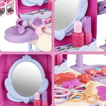 deAO 2 in 1 Makeup Table for Toddler Girls Vanity & Suitcase Set with Fashion Accessories Pretend Play Travel Suitcase Fashion Beauty Set for Girls