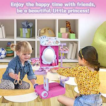 deAO 2 in 1 Makeup Table for Toddler Girls Vanity & Suitcase Set with Fashion Accessories Pretend Play Travel Suitcase Fashion Beauty Set for Girls