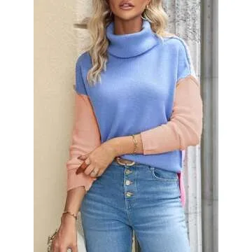 Dokotoo Womens Fall Sweater 2024 Casual Long Sleeve Turtleneck Colorblock Knit Plus Size Sweaters for Women Loose Warm Pullover Jumper Side Slit Top Sky Blue Large