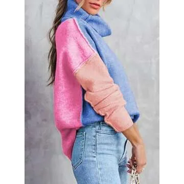 Dokotoo Womens Fall Sweater 2024 Casual Long Sleeve Turtleneck Colorblock Knit Plus Size Sweaters for Women Loose Warm Pullover Jumper Side Slit Top Sky Blue Large