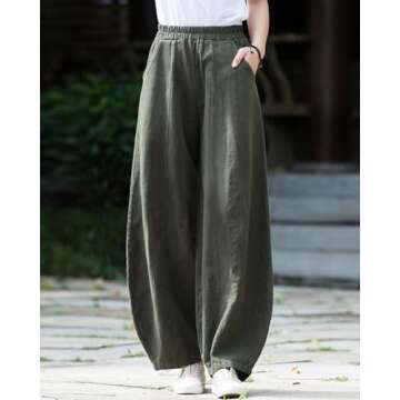 IXIMO Women's Casual Cotton Linen Baggy Pants with Elastic Waist Relax Fit Lantern Trousers Army Gre...