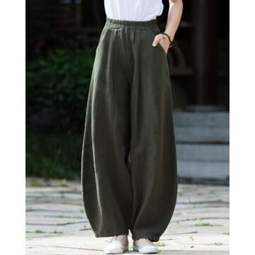 IXIMO Women's Casual Cotton Linen Baggy Pants with Elastic Waist Relax Fit Lantern Trousers Army Green M