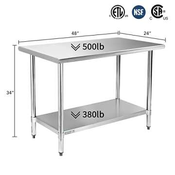 STABLEINK NSF Stainless Steel Table, 24 x 48 Inches Metal Prep & Work Table with Adjustable Undershelf, for Commercial Kitchen, Restaurant, Hotel and Garage