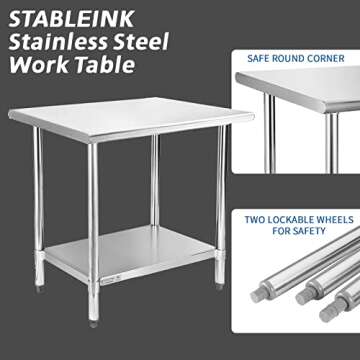 STABLEINK NSF Stainless Steel Table, 24 x 48 Inches Metal Prep & Work Table with Adjustable Undershelf, for Commercial Kitchen, Restaurant, Hotel and Garage