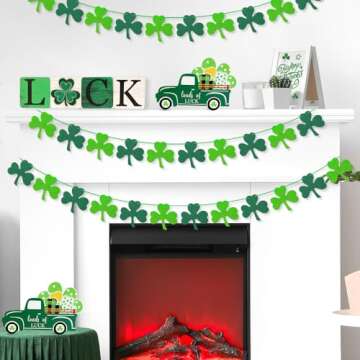 AKEROCK St Patricks Day Garland, Pre-Stung Hanging Felt Shamrock Garland for Wall, Fireplace Mantle Decor - St Patricks Day Decorations for The Home - 6 Saint Patricks Day Banners, 12 Pcs of Each