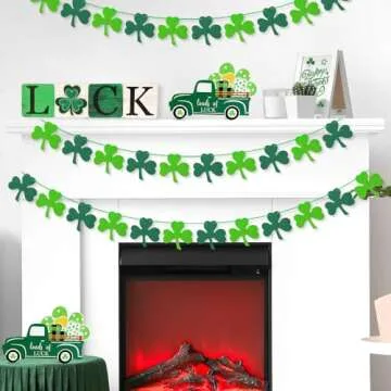 AKEROCK St Patricks Day Garland, Pre-Stung Hanging Felt Shamrock Garland for Wall, Fireplace Mantle Decor - St Patricks Day Decorations for The Home - 6 Saint Patricks Day Banners, 12 Pcs of Each