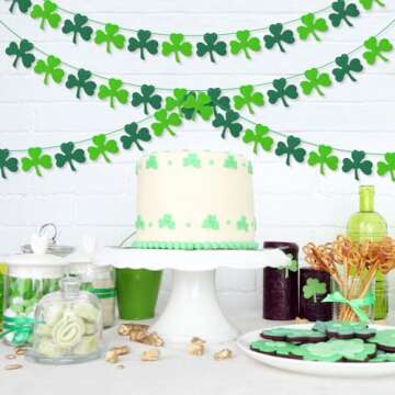 AKEROCK St Patricks Day Garland, Pre-Stung Hanging Felt Shamrock Garland for Wall, Fireplace Mantle Decor - St Patricks Day Decorations for The Home - 6 Saint Patricks Day Banners, 12 Pcs of Each