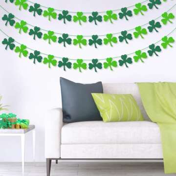 AKEROCK St Patricks Day Garland, Pre-Stung Hanging Felt Shamrock Garland for Wall, Fireplace Mantle Decor - St Patricks Day Decorations for The Home - 6 Saint Patricks Day Banners, 12 Pcs of Each