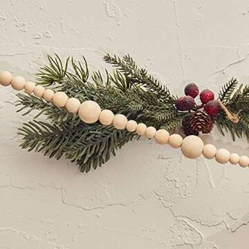 Farmhouse Beads 7ft Wood Bead Garland with Christmas Tree Holiday Decorations Rustic Country Decor Prayer Boho Beads Big Wall Hanging Decor (Natural Color)