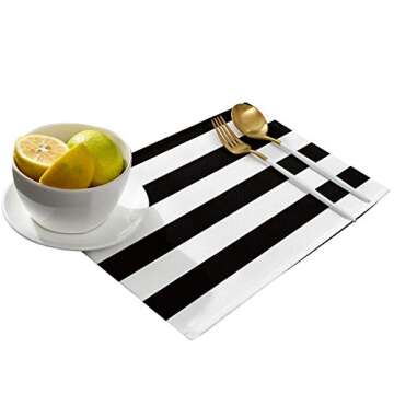 Vandarllin Placemats Set of 6, Black White Wide Striped Polyester Stain Resistant Table Mats Washable Placemat Decoration for Kitchen Dining Table