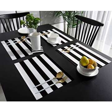 Vandarllin Placemats Set of 6, Black White Wide Striped Polyester Stain Resistant Table Mats Washable Placemat Decoration for Kitchen Dining Table