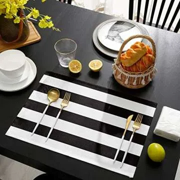 Vandarllin Placemats Set of 6, Black White Wide Striped Polyester Stain Resistant Table Mats Washable Placemat Decoration for Kitchen Dining Table