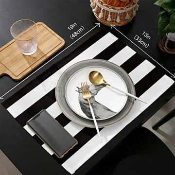 Vandarllin Placemats Set of 6, Black White Wide Striped Polyester Stain Resistant Table Mats Washable Placemat Decoration for Kitchen Dining Table