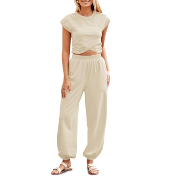 Fisoew Women's Two Piece Outfits Casual Lounge Sets Crop Tops and Joggers Tracksuit with Pockets