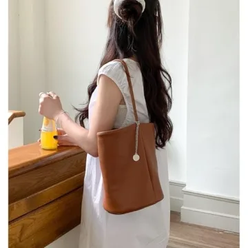 LuyaVogue Elegant Solid Color Minimalist Soft Leather Bucket Bag,Women's Single Shoulder & Underarm Purse with Large Capacity (Brown)