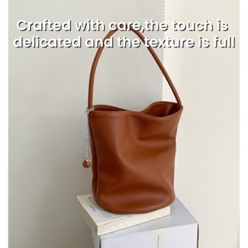 LuyaVogue Elegant Solid Color Minimalist Soft Leather Bucket Bag,Women's Single Shoulder & Underarm Purse with Large Capacity (Brown)