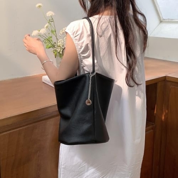 LuyaVogue Elegant Solid Color Minimalist Soft Leather Bucket Bag,Women's Single Shoulder & Underarm Purse with Large Capacity (Brown)