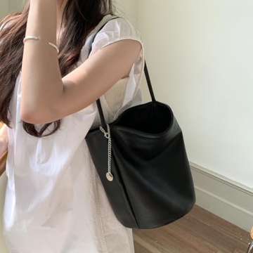 LuyaVogue Elegant Solid Color Minimalist Soft Leather Bucket Bag,Women's Single Shoulder & Underarm Purse with Large Capacity (Brown)