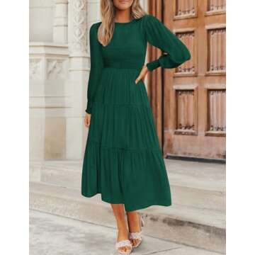 ZESICA Women's 2024 Casual Long Sleeve Crew Neck High Waist Smocked Flowy Tiered Midi Dress,DarkGree...