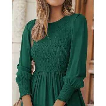 ZESICA Women's 2024 Casual Long Sleeve Crew Neck High Waist Smocked Flowy Tiered Midi Dress,DarkGreen,Medium