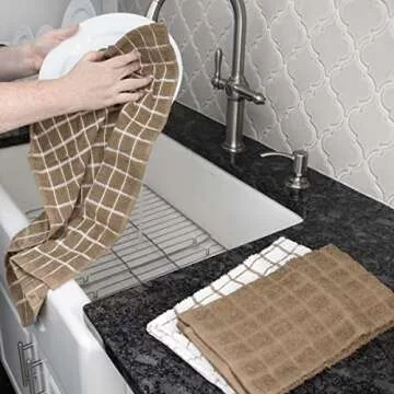 Ritz Terry Check Kitchen Towels: Highly Absorbent & Super Soft - 100% Cotton, Durable Kitchen Cleaning Cloths for Wiping Tables and Counters, 3-Pack, Mocha