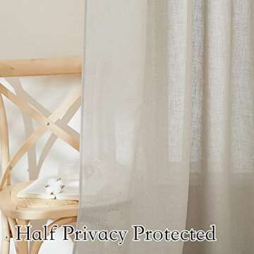 RYB HOME Linen Curtains for Bedroom - Light Airy Semi Sheer Curtains Large Window Decor for Living Room Sun Room Sliding Glass Door, Angora, 52 inch Wide x 84 inch Long, 1 Pair